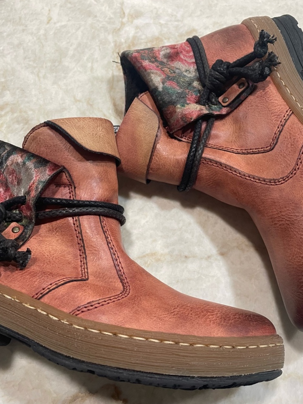 Rieker Coral Leather Ankle Boots with Floral Cuff